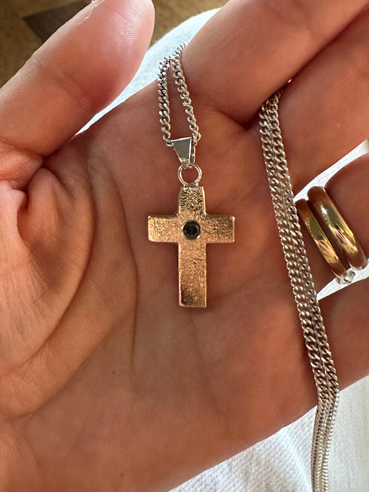Sand Casted Cross with Salt & Pepper Diamond